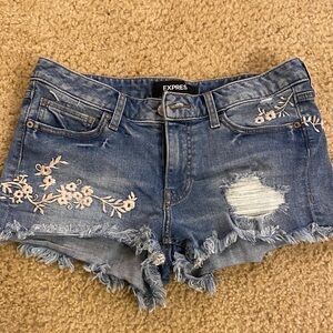Express Women's Distressed Blue Jean Shorts with Floral Embroidery